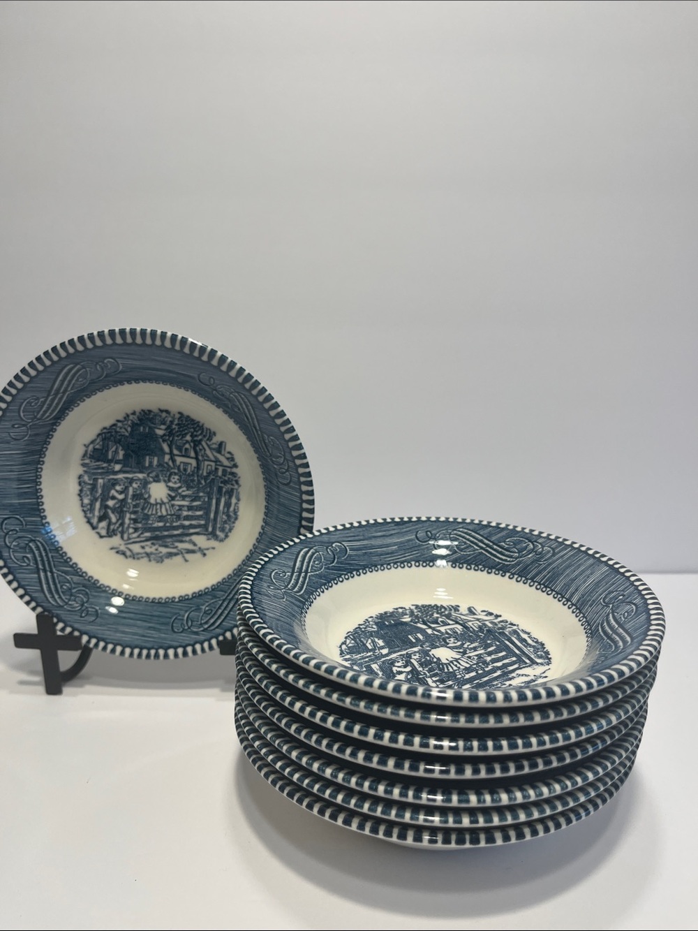 Vtg 8 Berry Bowls Royal China Currier & Ives "The Old Farm Gate"